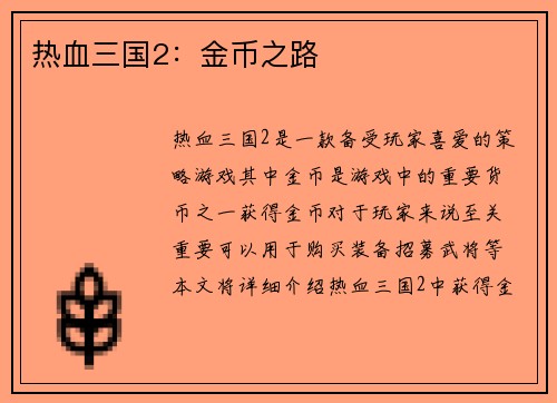 热血三国2：金币之路